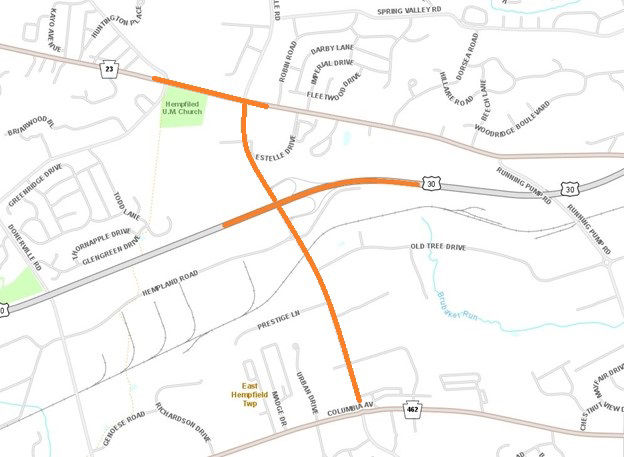 Orange line shows location of work on Route 30, Marietta Avenue and Centerville Road