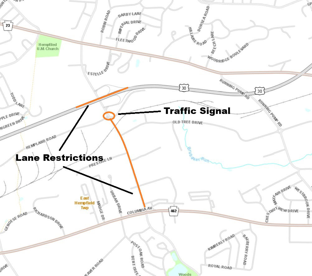 Lane restrictions on Centerville Road and Route 30 in Lancaster County.