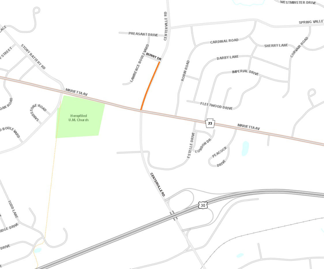 Location of pavement repair on Centerville Road in Lancaster County.