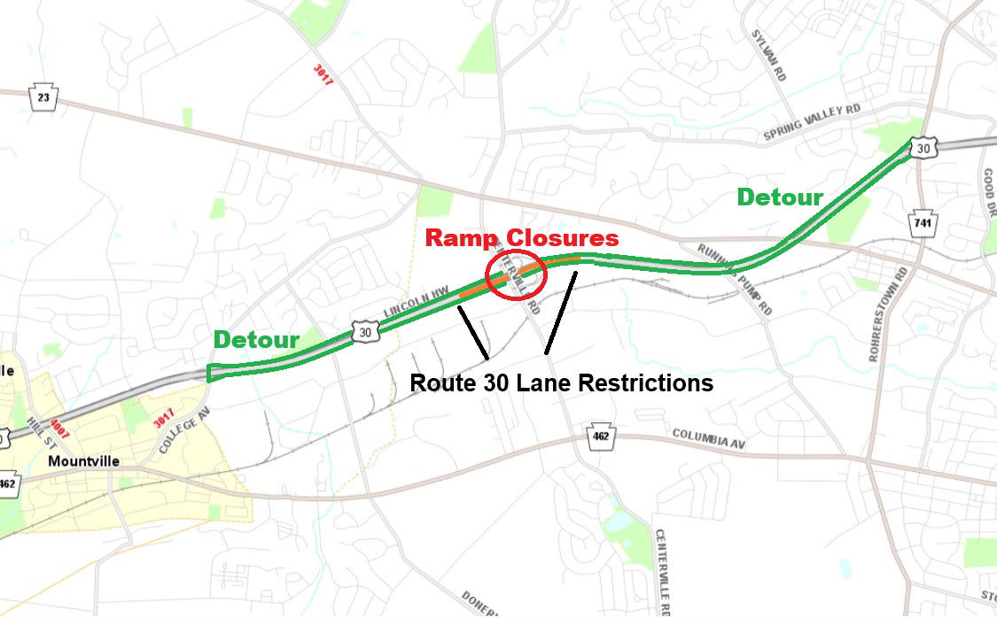 Location of ramp and lane closures at the Centerville Road Interchange Improvement Project in Lancaster County.