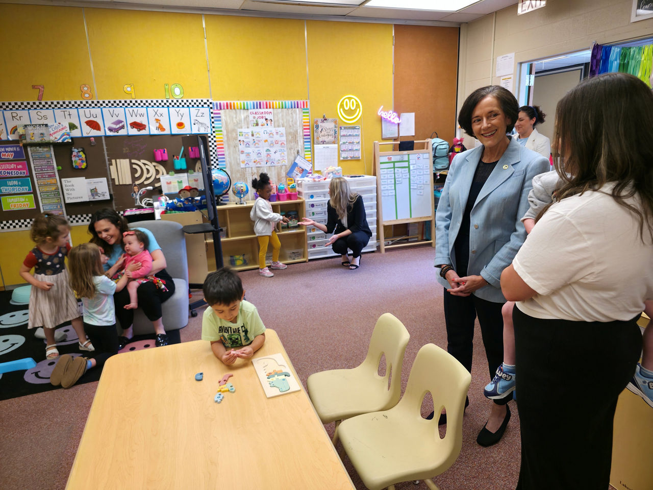 PA DHS Secretary Dr. Val Arkoosh visits with staff and children at Altoona child care center
