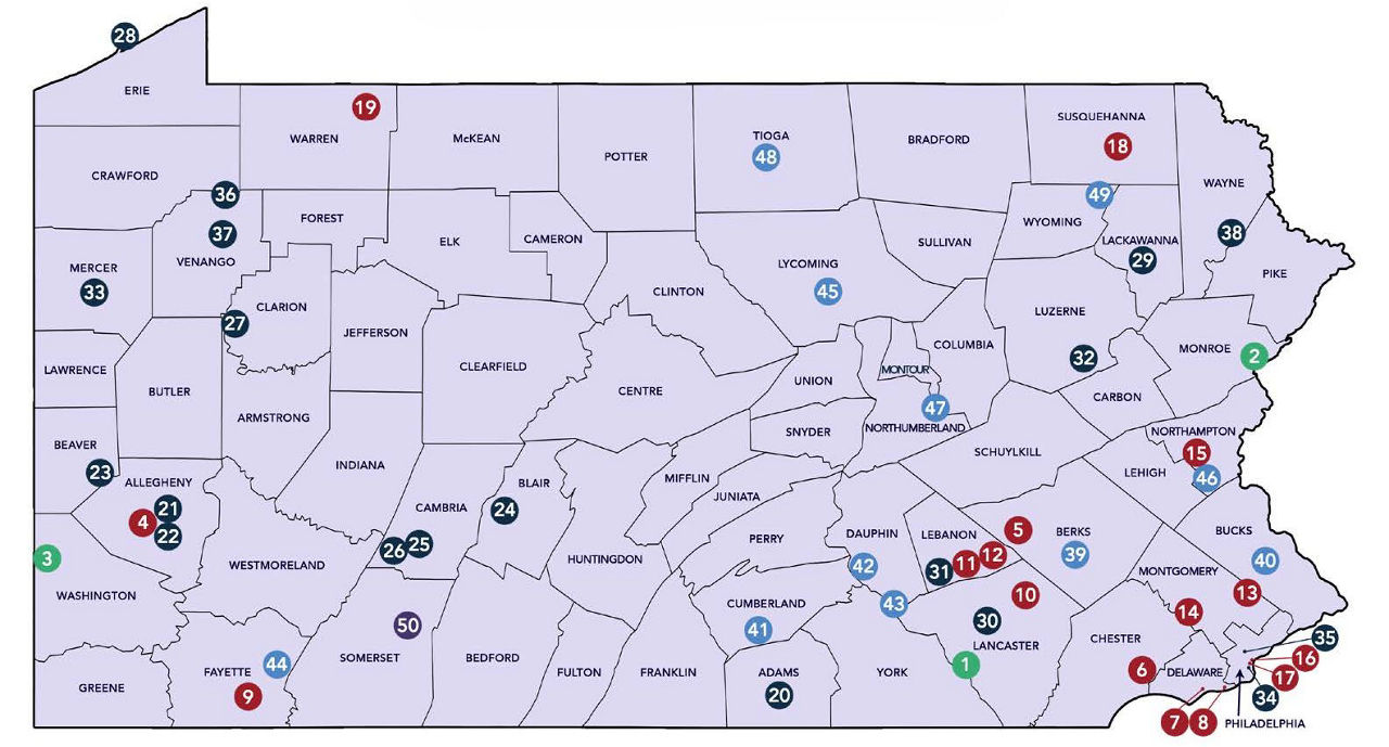 Map of Pennsylvania showing the 50 places highlighted in the statewide historic preservation plan