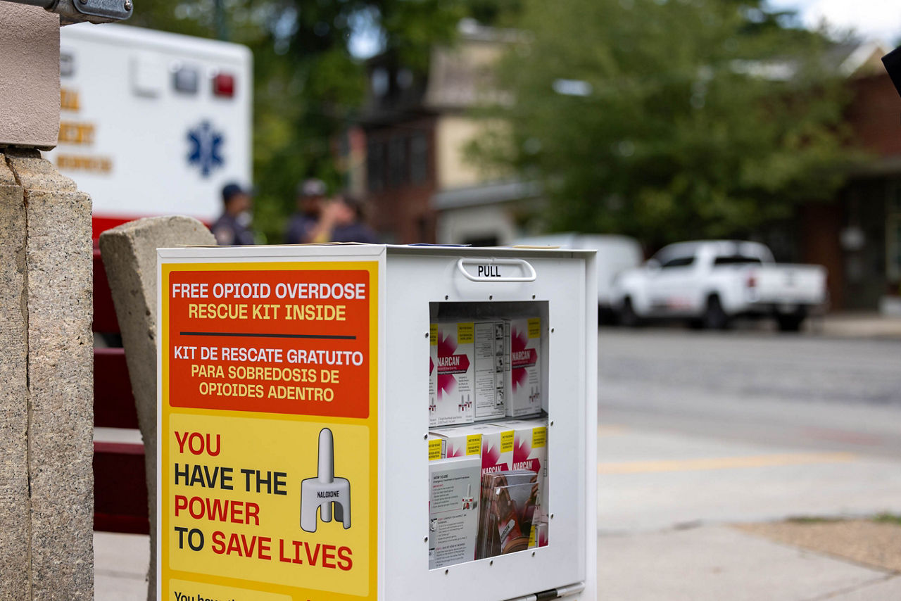 Narcan stocked in a newspaper-style box at Philadelphia Fire Station