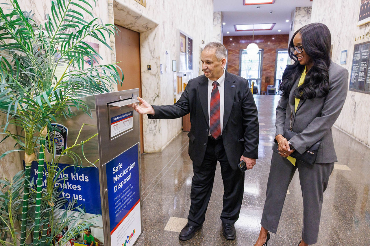 Pennsylvania Department of Drug and Alcohol Programs' Secretary Dr. Latika Davis-Jones at Dauphin County Courthouse Prescription Drug Take-Back Box