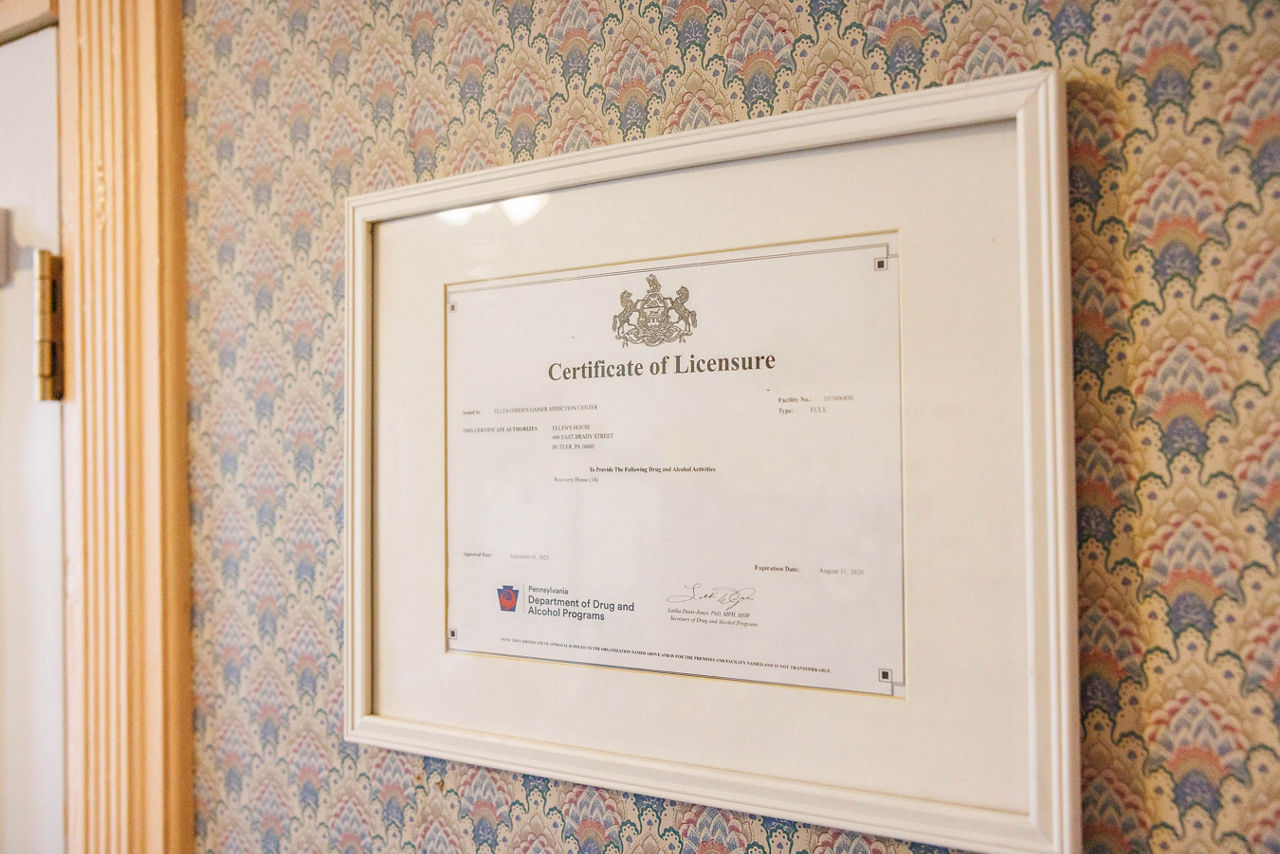 Ellen’s House displays its Pennsylvania recovery house license issued by the Department of Drug and Alcohol Programs.
