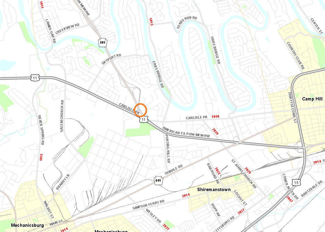 Orange circle on map shows location of guiderail work on westbound Route 581 in Cumberland County.