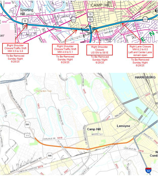 The top image shows the locations on Route 581 that shoulder and lane restrictions will be lifted. The bottom image shows where pavement patching will be performed on Route 581.