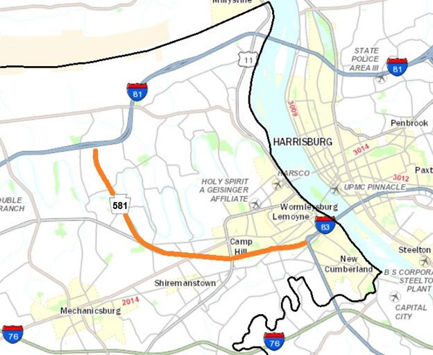 Map shows location of Route 581 pavement preservation project in Cumberland County.