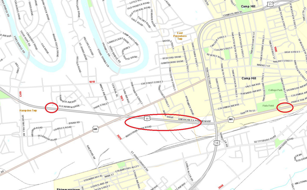 Red circles on map shows location of shoulder restrictions and lane closures on Route 581 in Cumberland County.