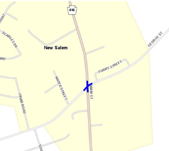 Map shows location of Route 616/George Street intersection in New Salem, York County.