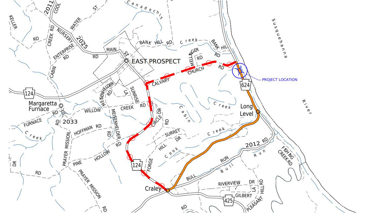 Image shows location of bridge project on Long Level Road in York County.