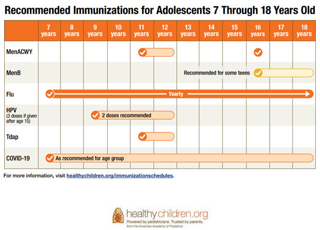 Chart of vaccine recommendations for adolescents ages 7 through 18