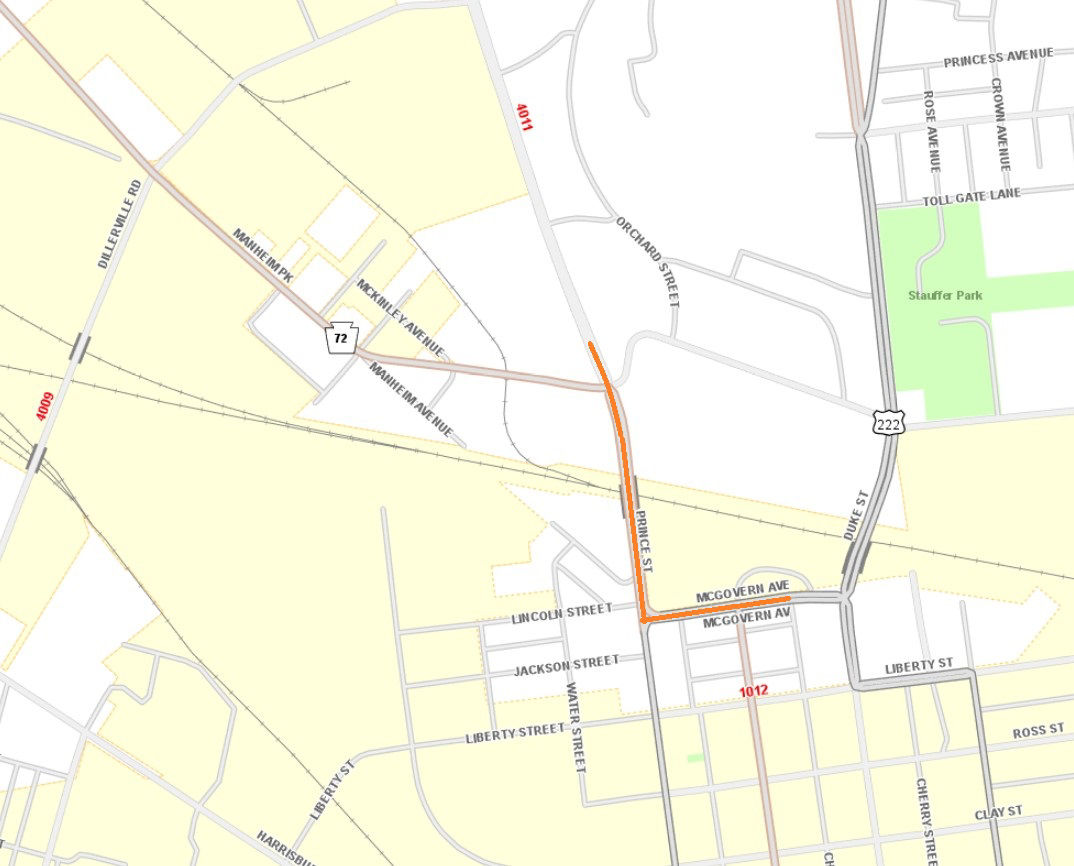 Location of resurfacing on Route 72 and other routes in Lancaster County.