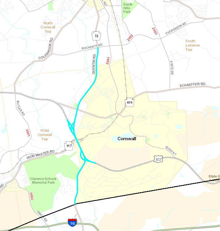 Blue lines on map show location of Route 72/Route 322 resurfacing project in Lebanon County.