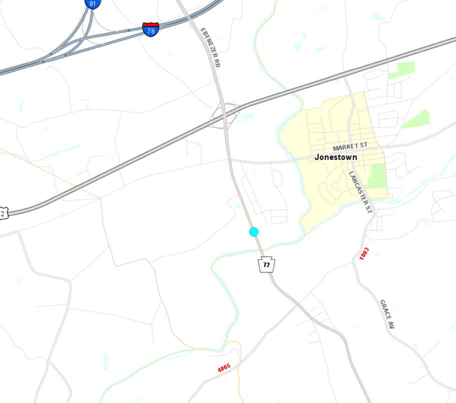 Location of Route 72 Ebenezer Road bridge project in Lebanon County.