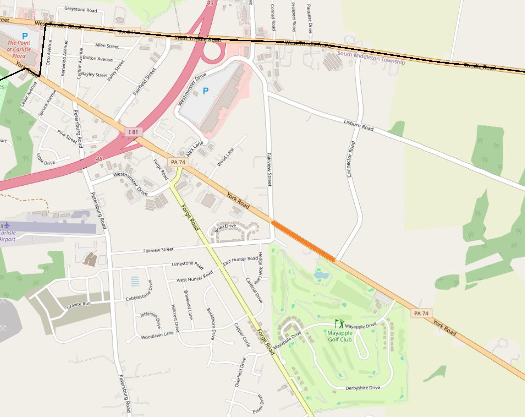 Orange line shows location of utility pole replacement on York Road (Route 74) in South Middleton Township, Cumberland County.
