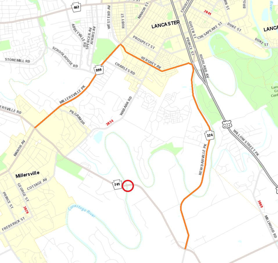 Image shows location of Route 741 bridge closure and detour route.