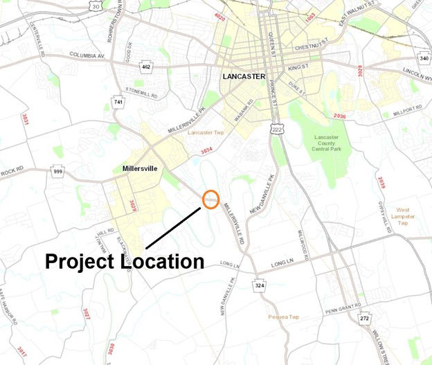 Map shows location of Route 741 bridge project in Lancaster county.