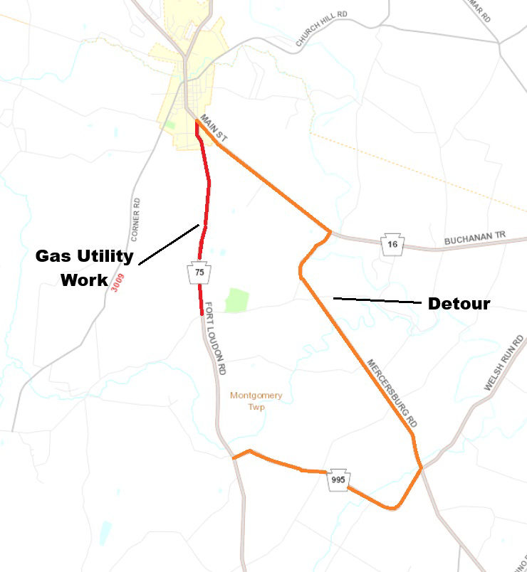 Location of gas line work on Route 75 in Franklin County. Includes detour route.