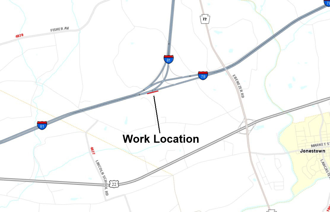 Location of work on eastbound Interstate 78 in Lebanon County.