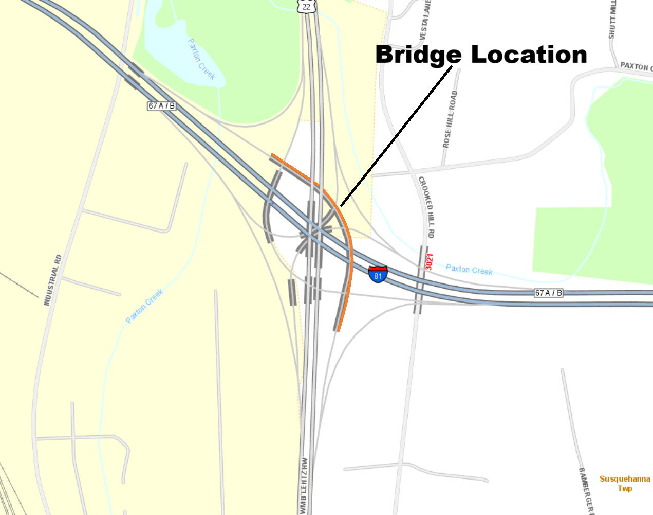 map indicating bridge location