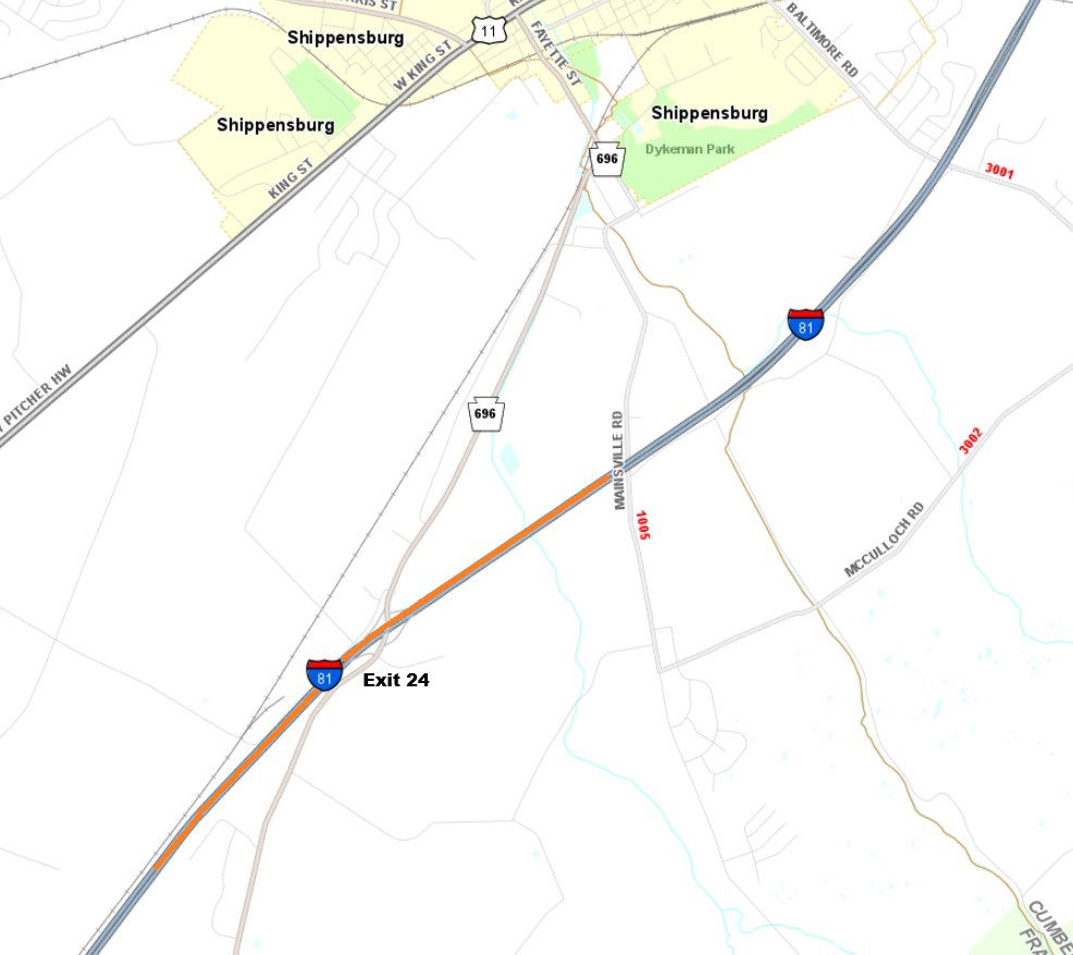 Location of rolling stops on Interstate 81 at Exit 24 in Franklin County.