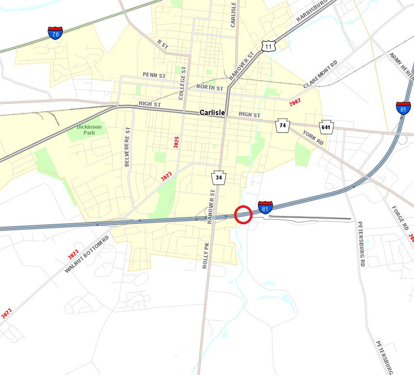 Circle on map shows location of I-81 bridge inspection over Letort Spring Run near Carlisle.