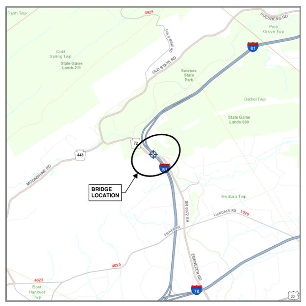daytime lane restrictions this week on the southbound Interstate 81 bridge spanning Swatara Creek/Route 72 approximately 7.5 miles south of Exit 100 (Route 443/Pine Grove) so the bridge can be inspected.  