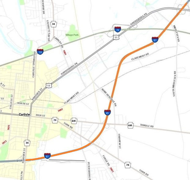 Location of pavement patching on northbound Interstate 81 in Cumberland County.