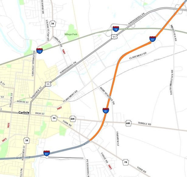 Map shows location of pavement patching on Interstate 81 near Carlisle in Cumberland County.