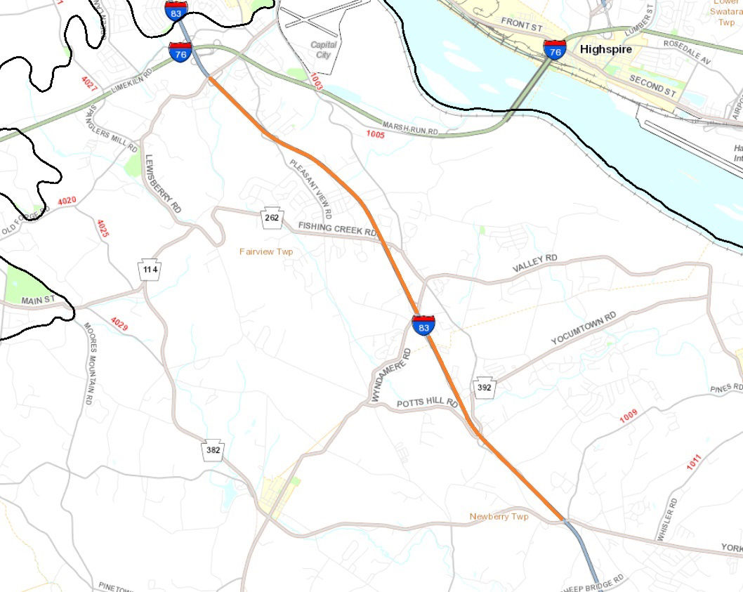 Location of pavement patching on Interstate 83 in York County.