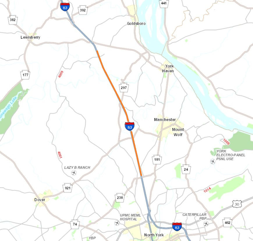Location of pavement preservation work on Interstate 83 in York County.