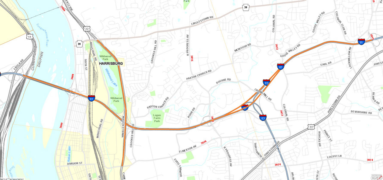 Sign structure inspections on I-81 and Route 22 in Dauphin County.