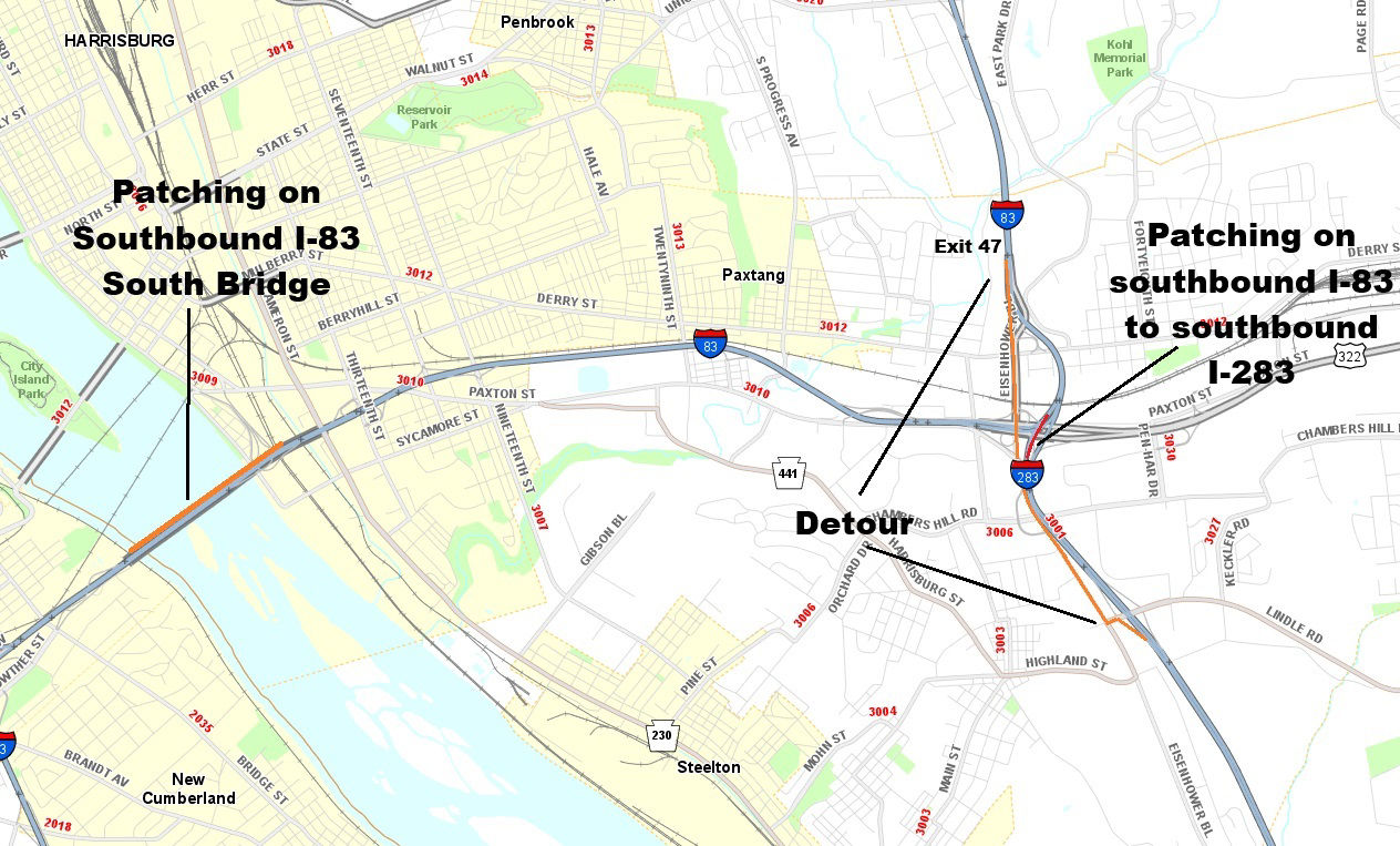 Map shows location of southbound I-83 pavement patching on the South Bridge and on the southbound I-83 ramp to southbound I-283 in Dauphin County.