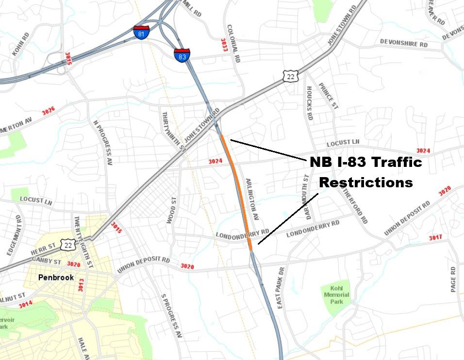 Map shows location of sign structure maintenance on I-83 northbound near Harrisburg in Dauphin County.