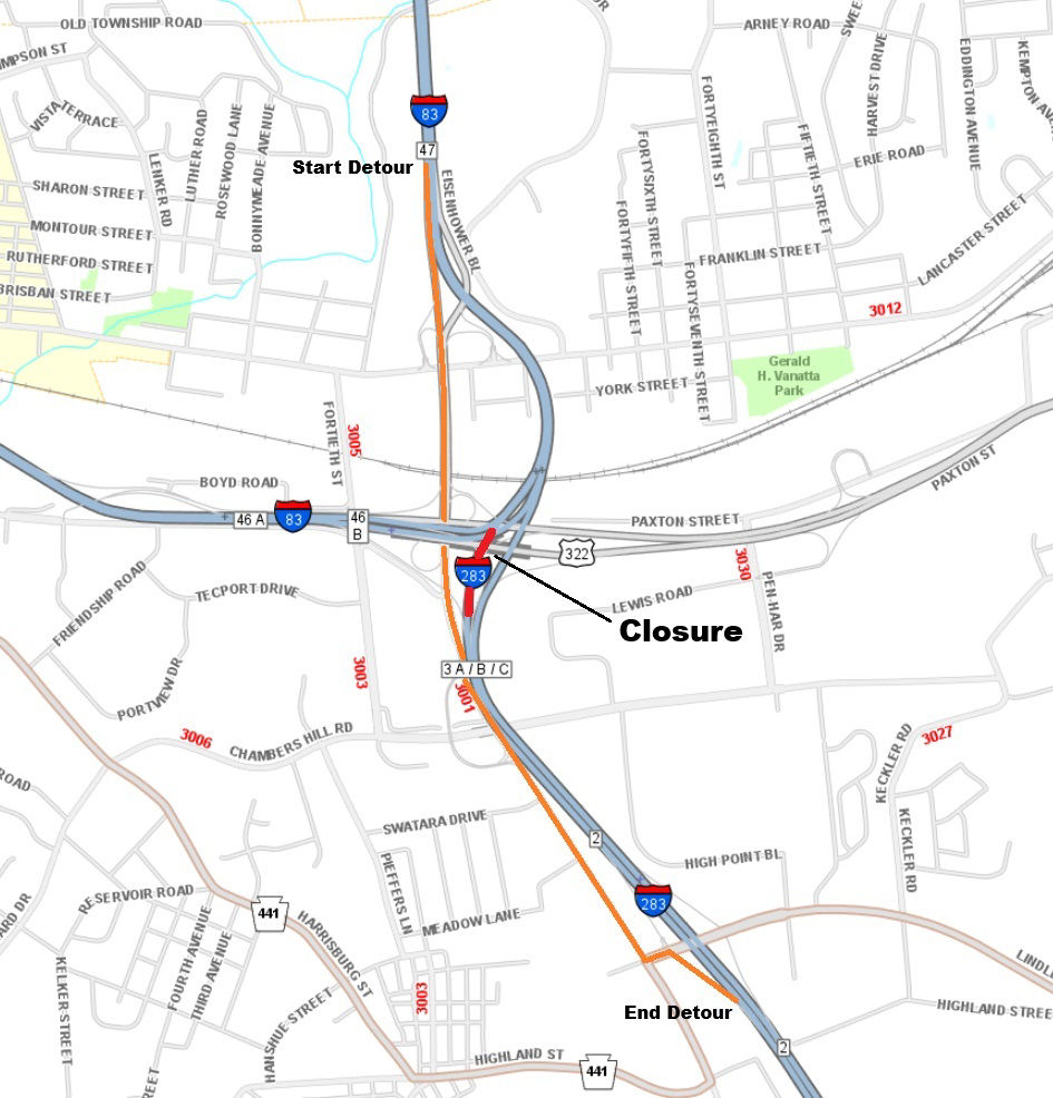 Deck patching on the southbound I-83 ramp to southbound I-283.