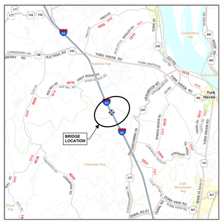 Location of I-83 bridge over Conewago Creek in York County.