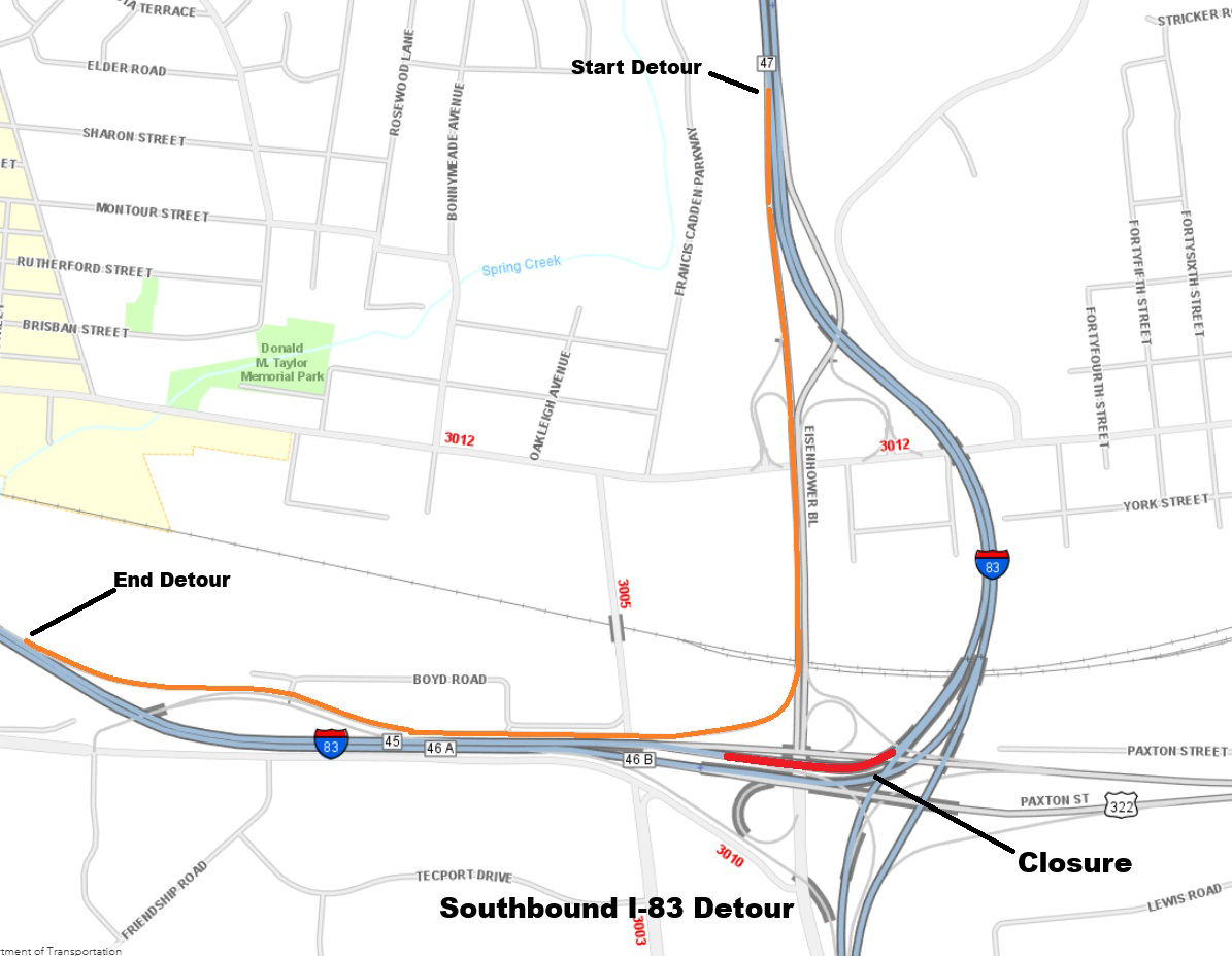 Southbound I-83 detour.