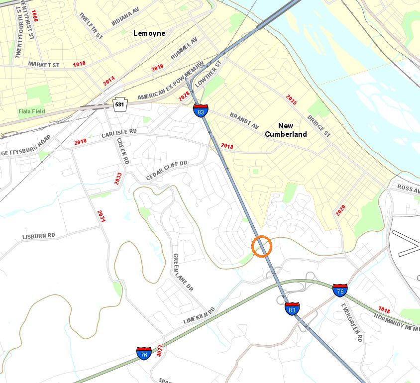 Circle on map shows location of pavement patching on southbound I-83 over Yellow Breeches Creek at the Cumberland County/York County line.