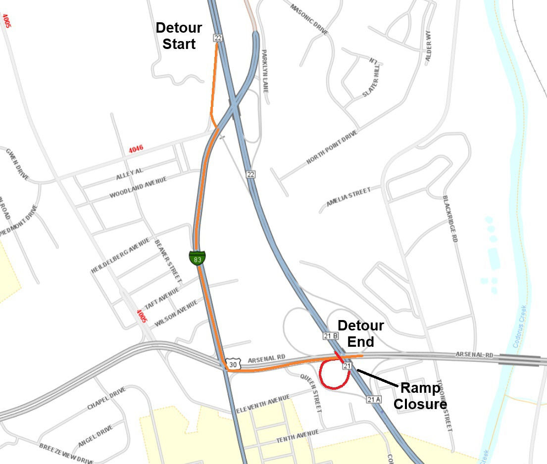 Location of ramp closure on southbound I-83 at Exit 21 in York County.