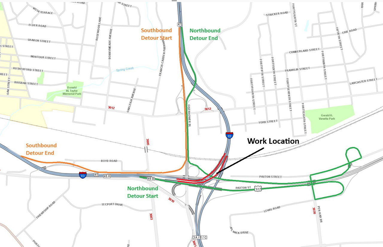 Red lines on map show location of patching on northbound and southbound I-83 at the Eisenhower Interchange in Dauphin County. Map also show northbound and southbound detours.