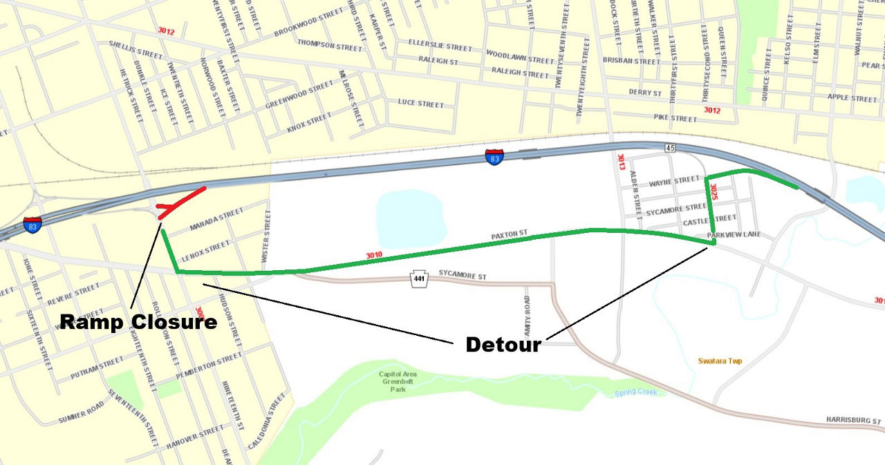 Location of 19th Street ramp to northbound Interstate 83 closure and detour route.
