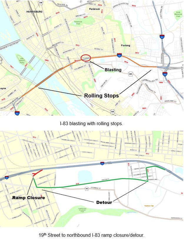 Images show location of rolling stops for blasting along I-83 in Dauphin County and the 19th Street ramp to northbound I-83 closure.