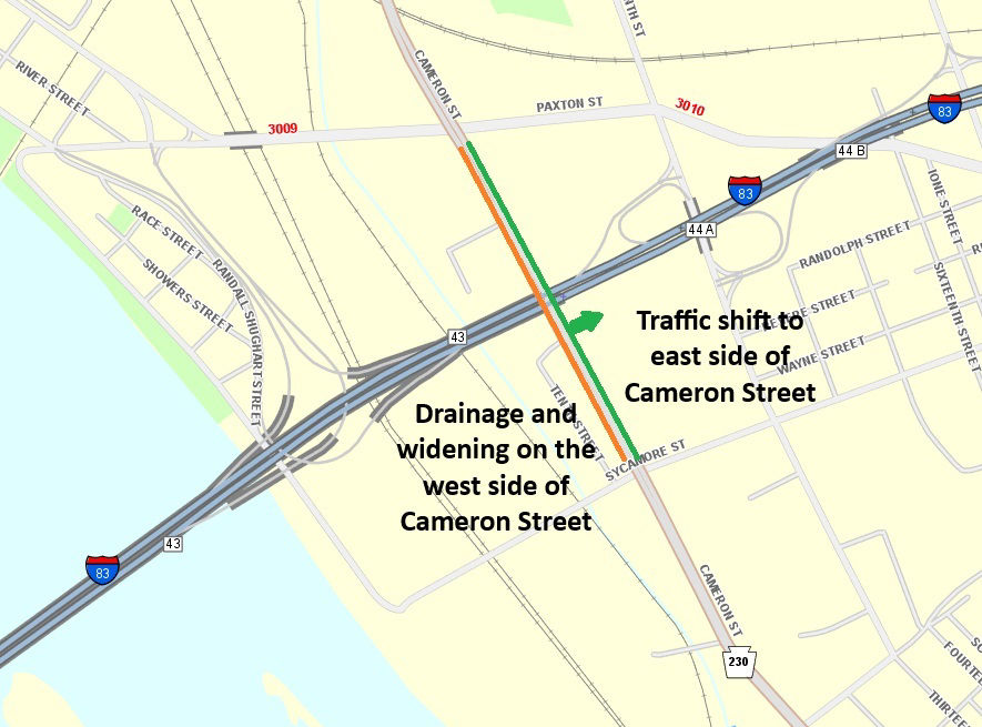 Image shows location of traffic shift and drainage work on Cameron Street in Harrisburg.