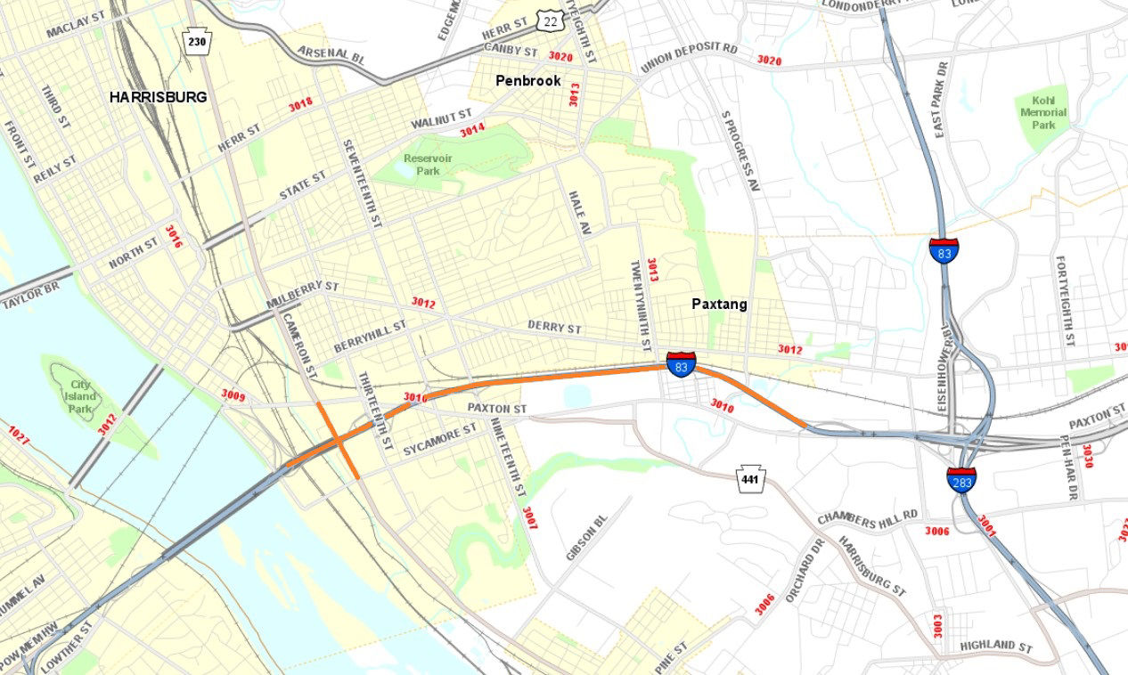 Location of work on Cameron Street and I-83 in the Harrisburg area.
