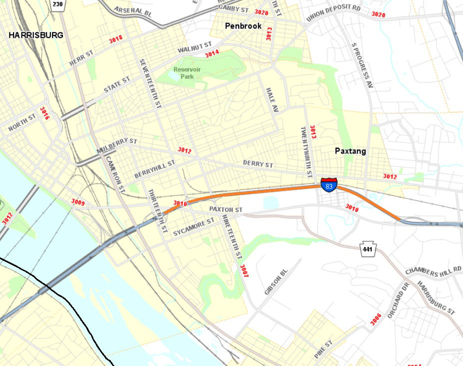 Location of lane restrictions for a traffic switch on Interstate 83 near Harrisburg in Dauphin County