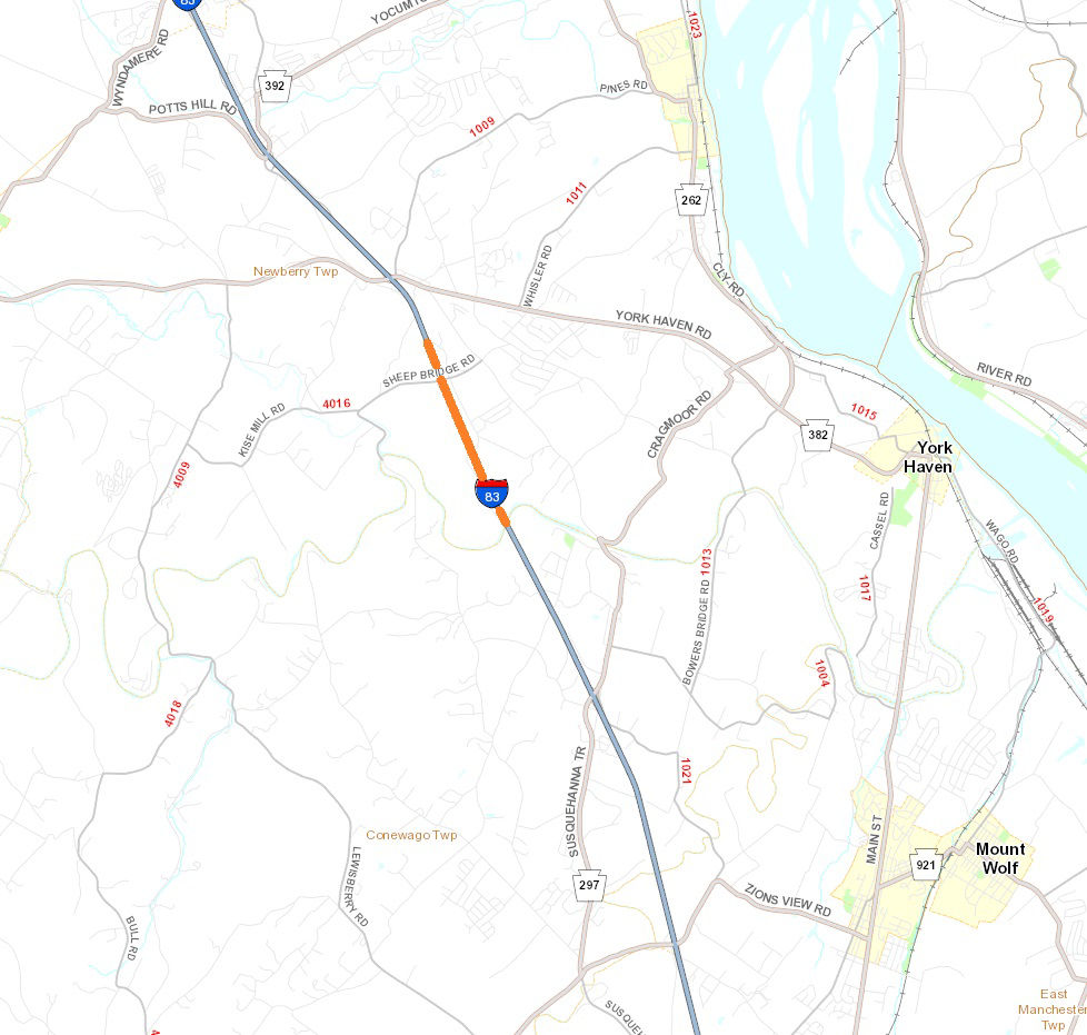 Map shows location of resurfacing project on I-83 in York County.
