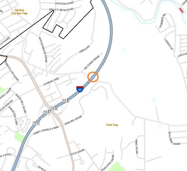 Location of Springwood Road at I-83 in York County.