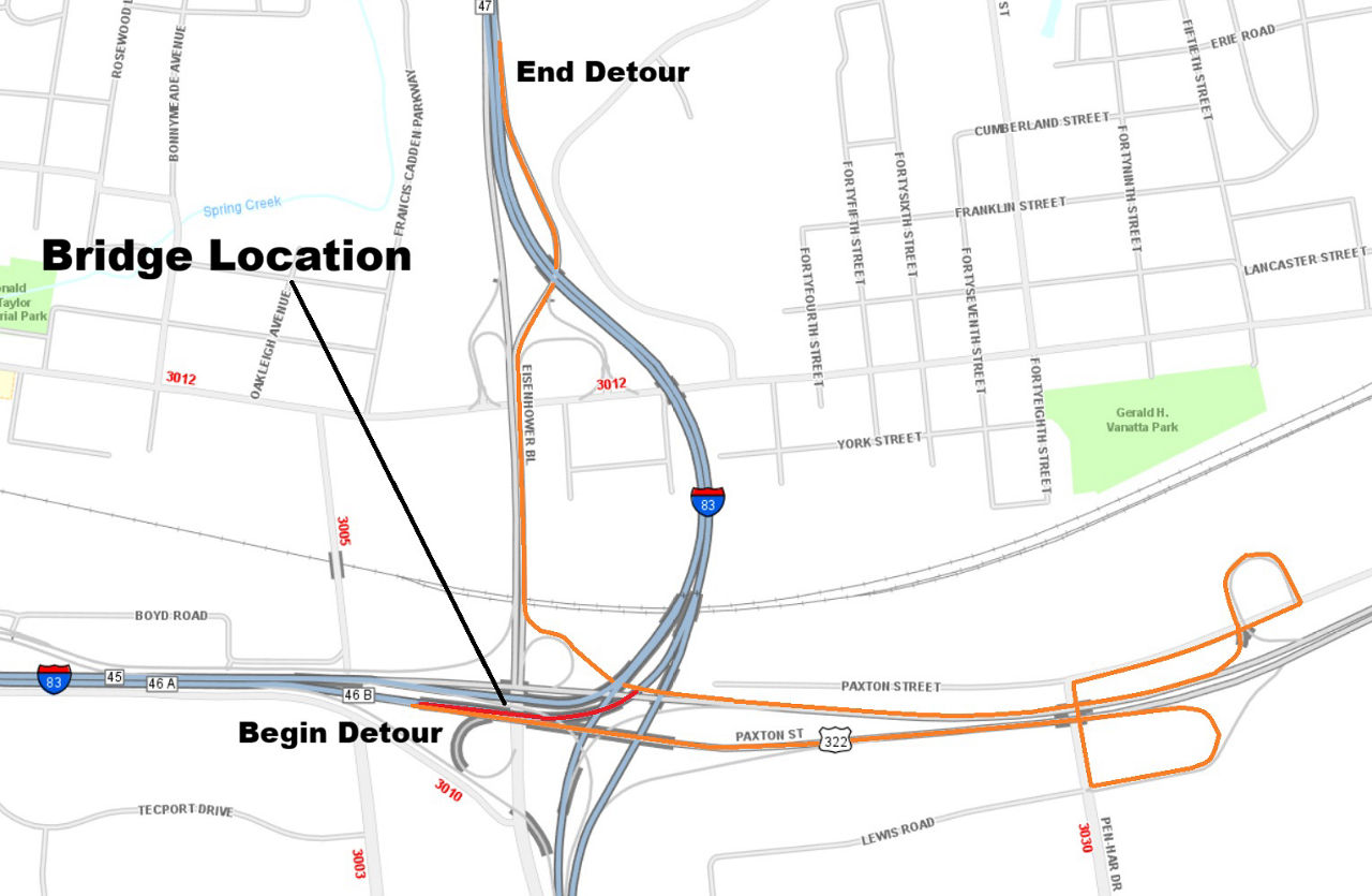 Map indicating location of bridge inspection and detour route