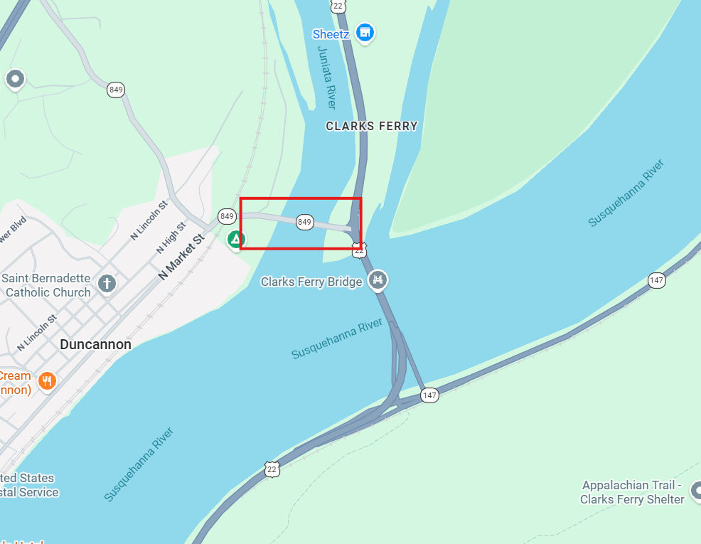 Map shows location of Route 849 bridge inspection in Perry County.